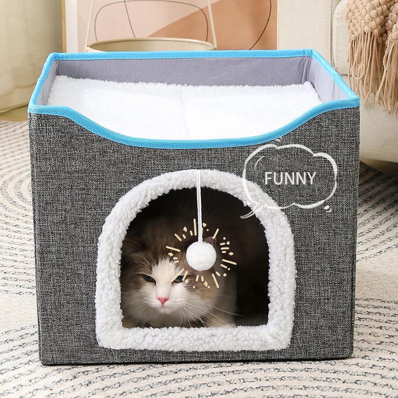 Dog Beds: Foldable Pet Cat Calming Bed Hideaway Interactive House Nest Scratching Board - Dark Grey