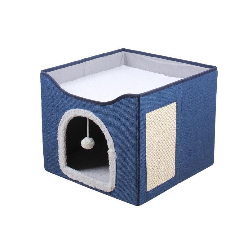 Dog Beds: Foldable Pet Cat Calming Bed Hideaway Interactive House Nest Scratching Board - Dark Grey