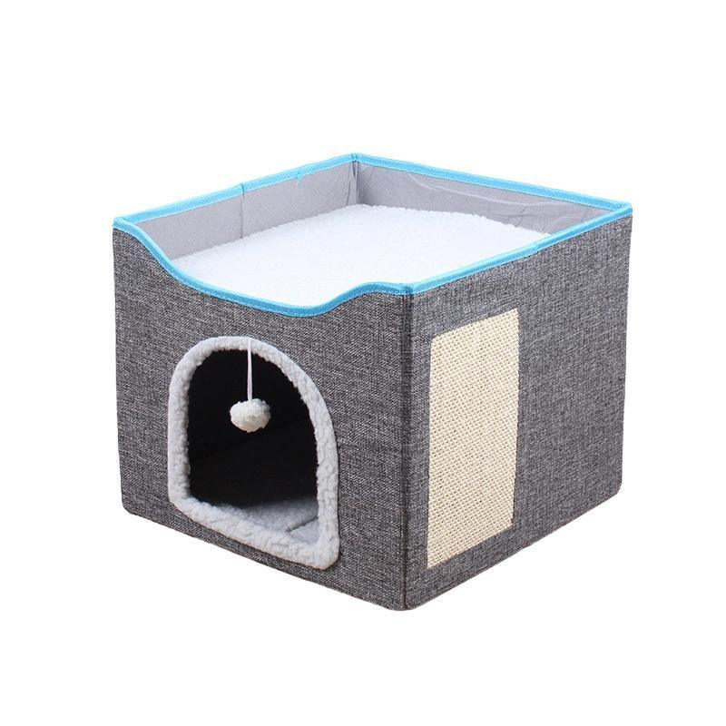 Dog Beds: Foldable Pet Cat Calming Bed Hideaway Interactive House Nest Scratching Board - Navy