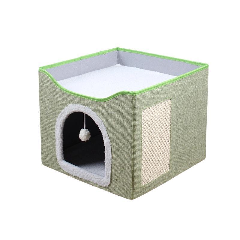 Dog Beds: Foldable Pet Cat Calming Bed Hideaway Interactive House Nest Scratching Board - Navy