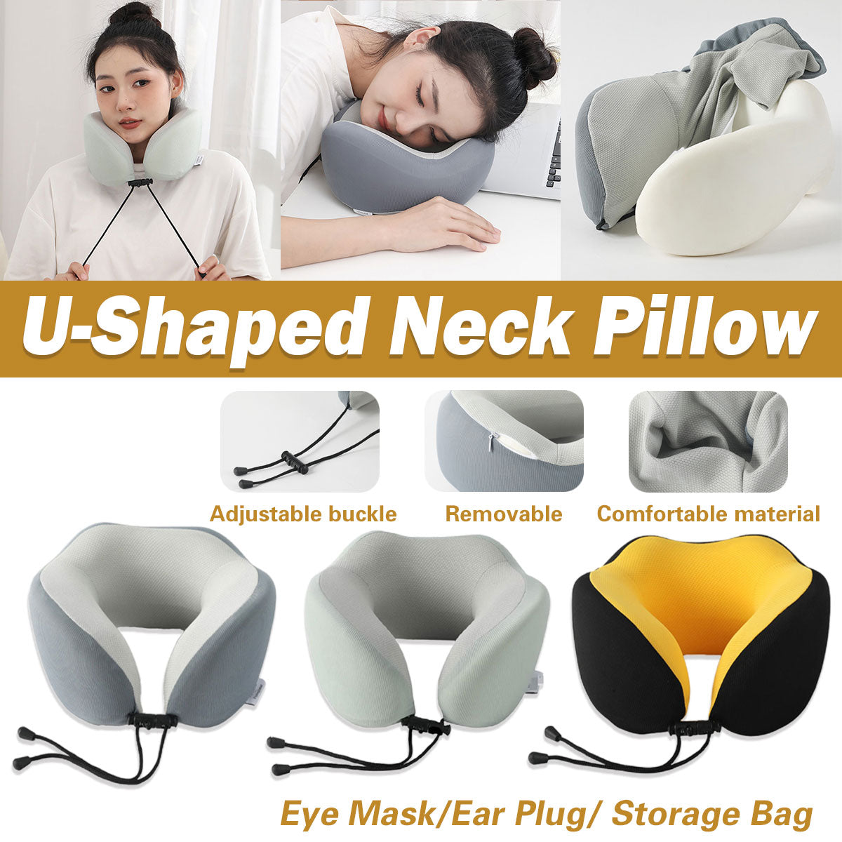 Novelty Gifts: Memory Foam U Shaped Neck Pillow Travel Portable Office Nap Support Pillow - Black