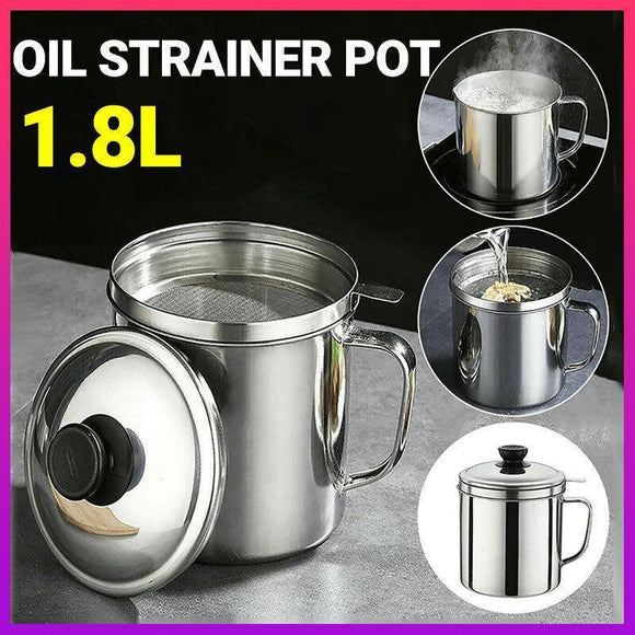 1.8L Stainless Steel Oil Filter Pot with Strainer Lid Grease Separator for Kitchen
