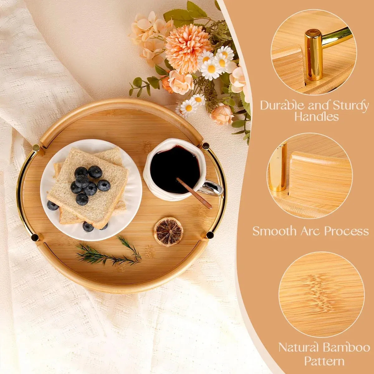 Round Bamboo Tray Durable for Home Kitchen Restaurant Serving Tea Food Snacks