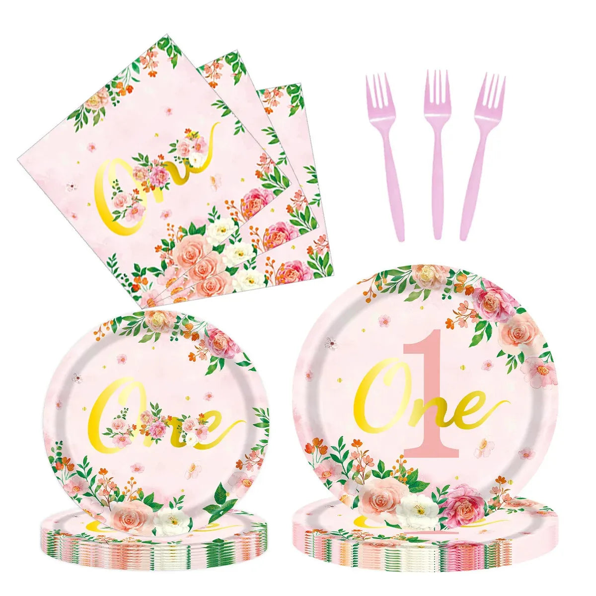 96-Piece First Birthday Floral Tableware Pack for 24 Place Settings