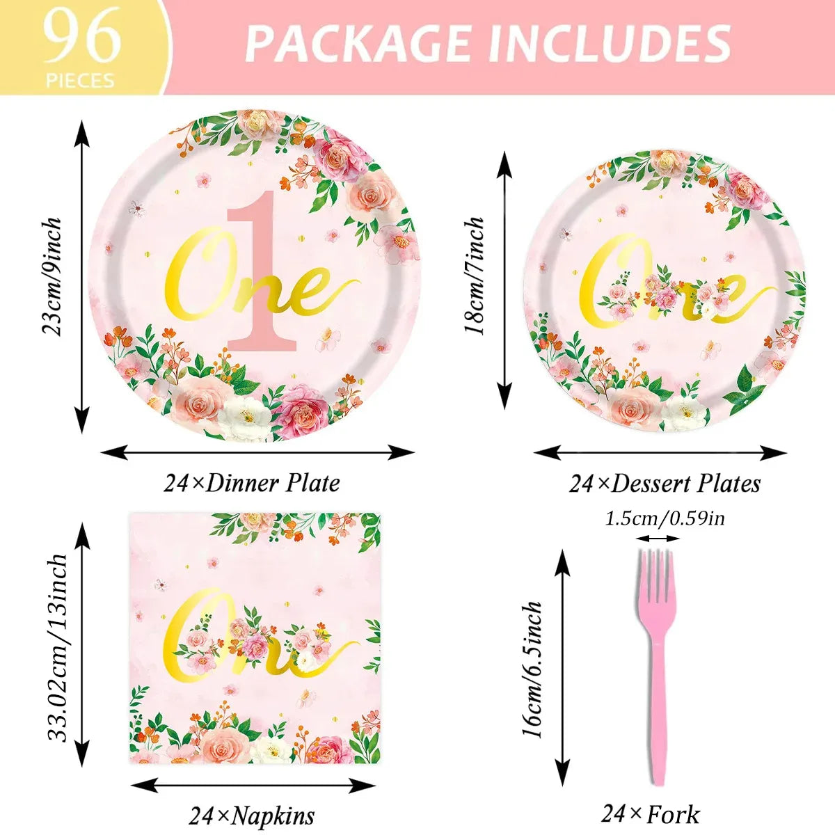 96-Piece First Birthday Floral Tableware Pack for 24 Place Settings