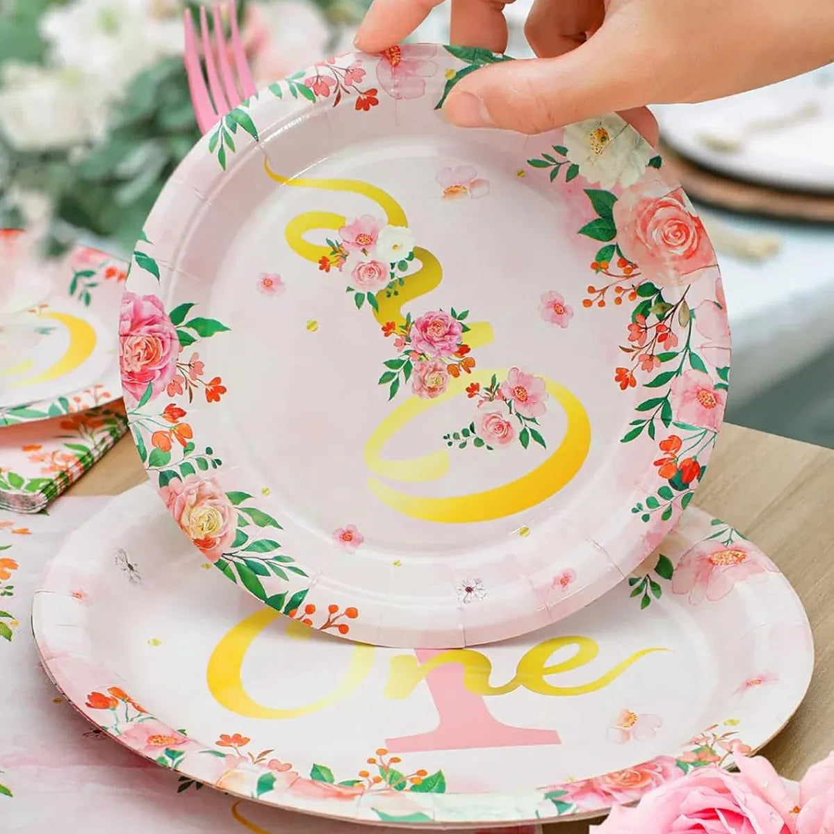 96-Piece First Birthday Floral Tableware Pack for 24 Place Settings