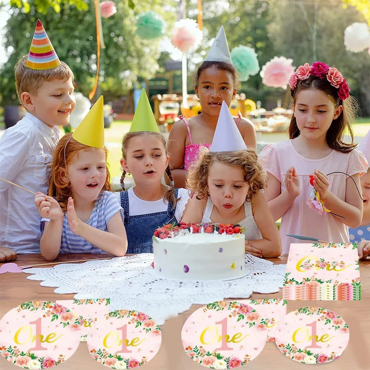 96-Piece First Birthday Floral Tableware Pack for 24 Place Settings