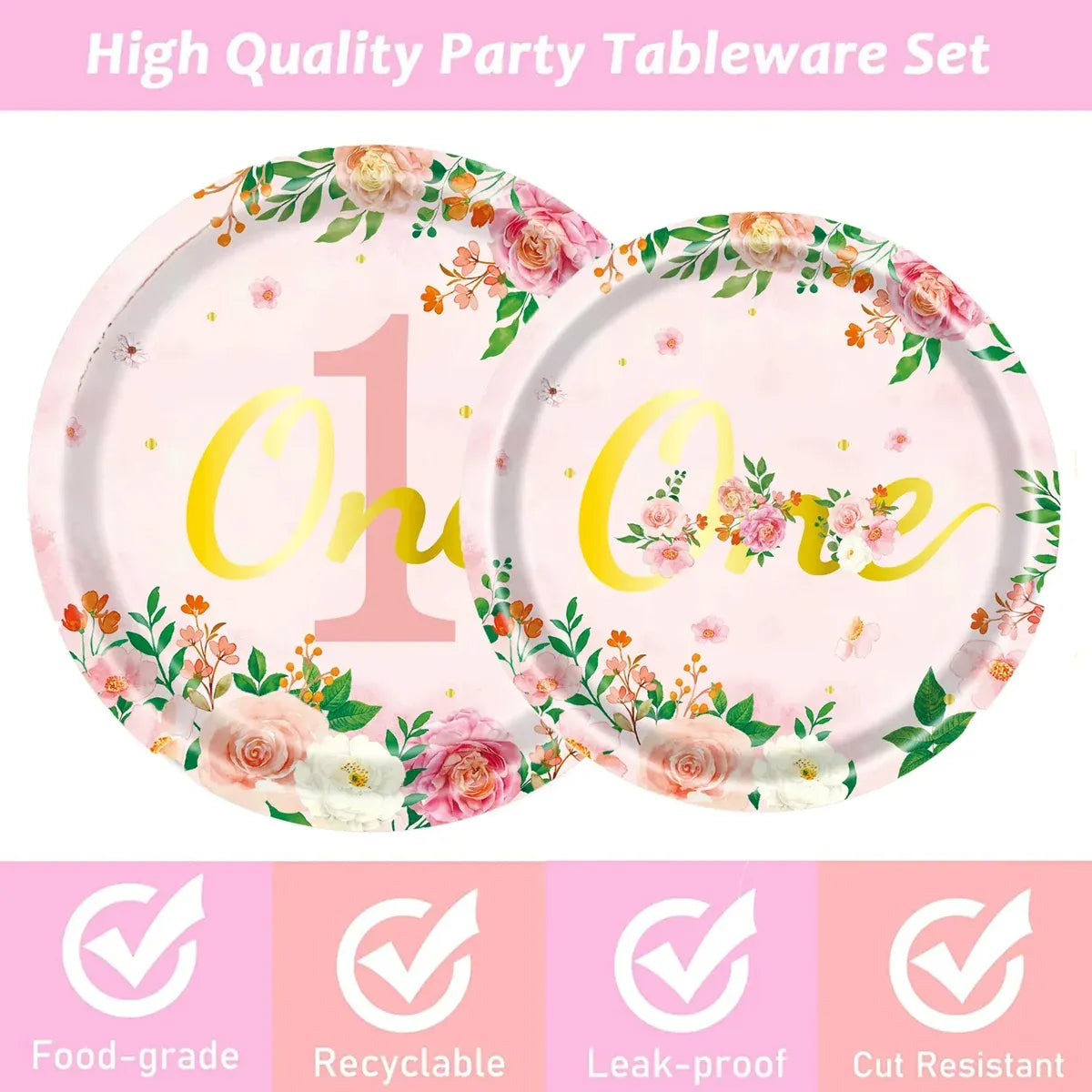 96-Piece First Birthday Floral Tableware Pack for 24 Place Settings