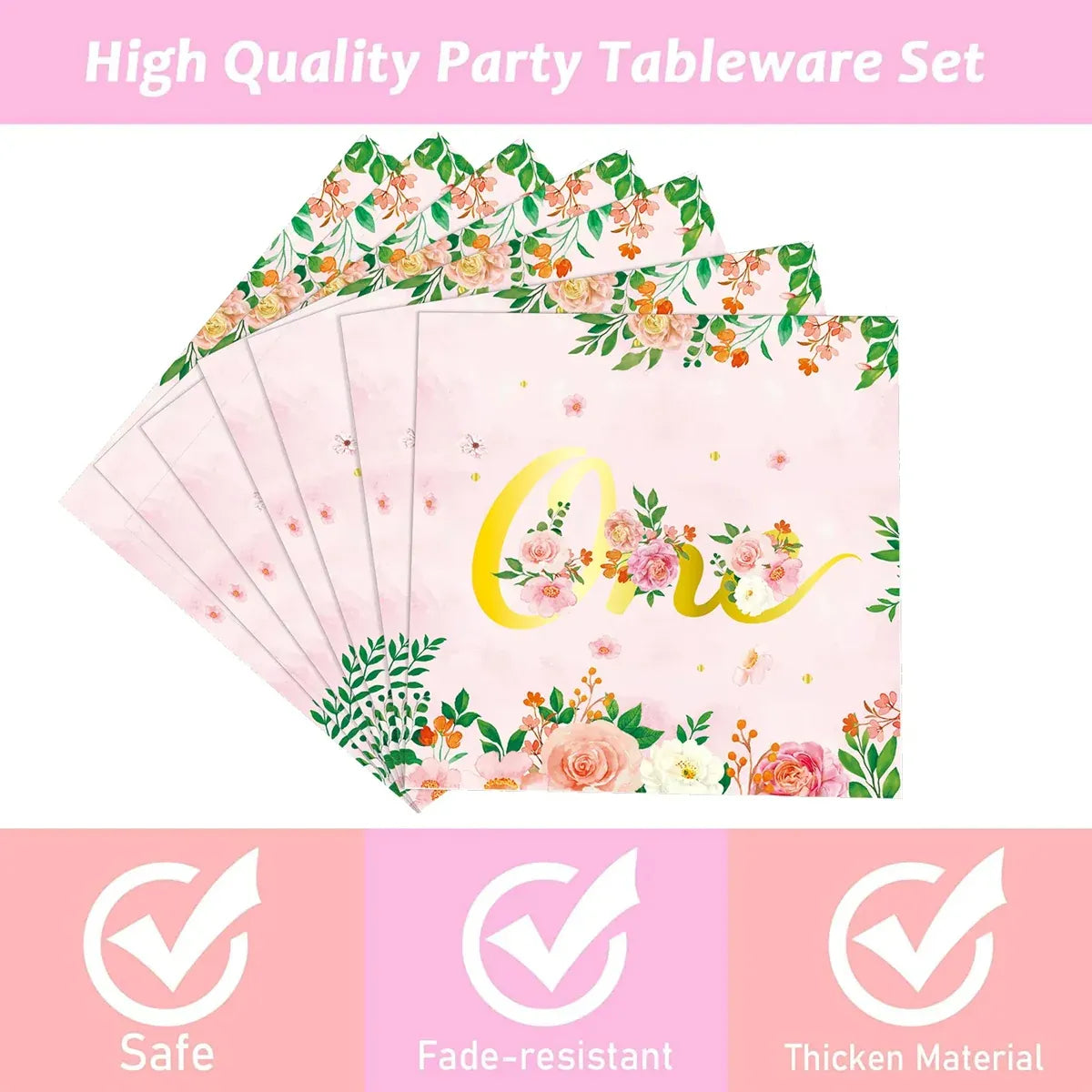 96-Piece First Birthday Floral Tableware Pack for 24 Place Settings