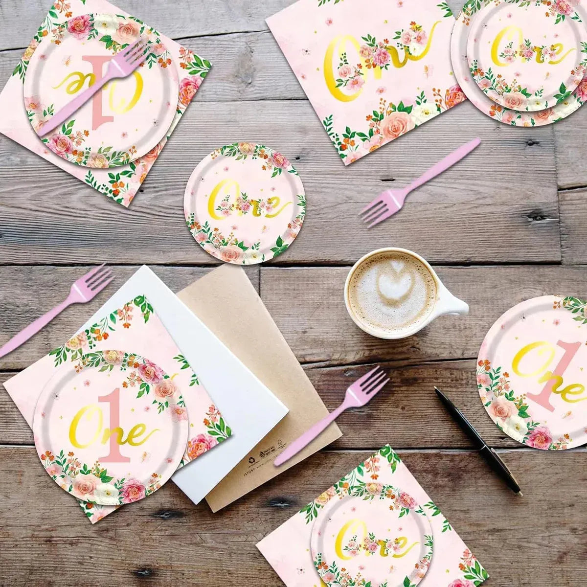 96-Piece First Birthday Floral Tableware Pack for 24 Place Settings