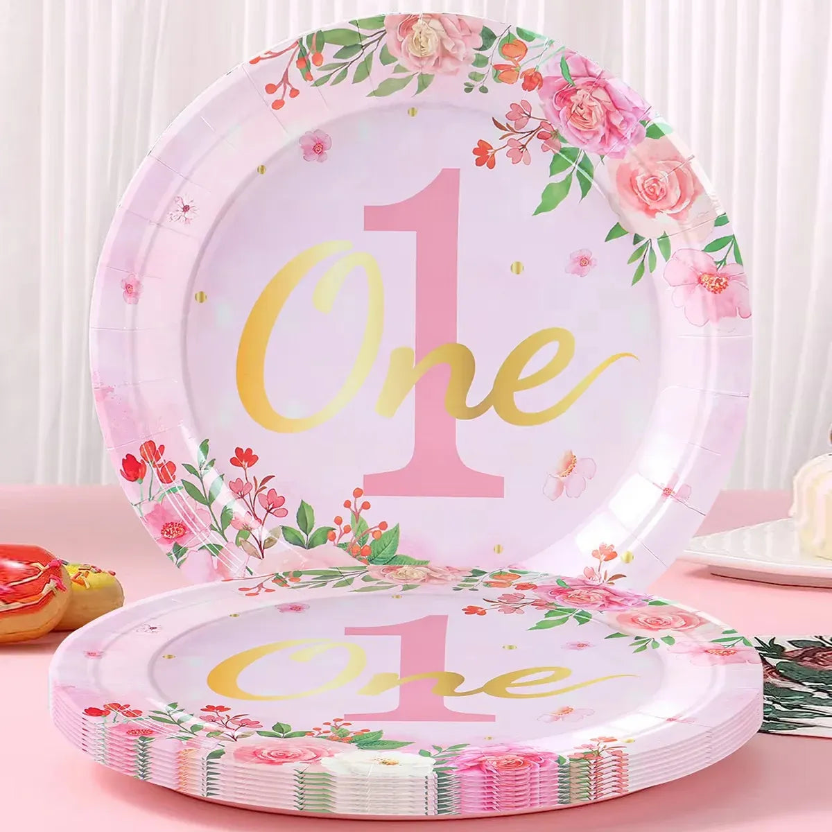 96-Piece First Birthday Floral Tableware Pack for 24 Place Settings