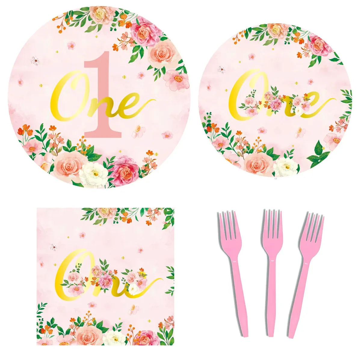 96-Piece First Birthday Floral Tableware Pack for 24 Place Settings
