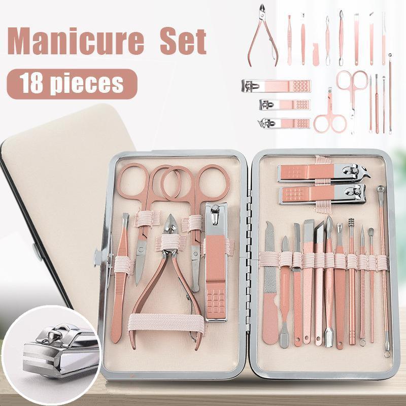 Nail Care: 18 Piece Rose Gold Stainless Steel Manicure Pedicure Set With Travel Case