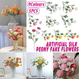 Artificial Flowers & Plants: 5pcs Artificial Peony Silk Flowers Bouquet Decor Faux Floral Arrangements - Purple Red