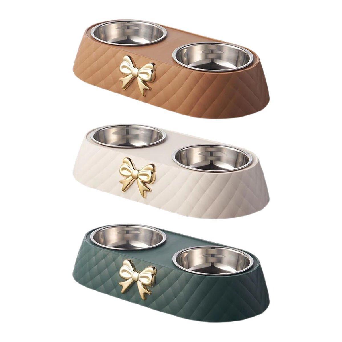 Cutlery: Stainless Steel Double Pet Bowl Non-Slip Anti-Knock Dog Cat Feeder Utensils - Green