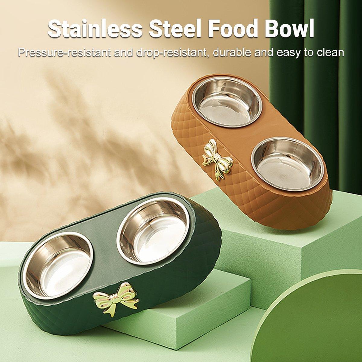 Cutlery: Stainless Steel Double Pet Bowl Non-Slip Anti-Knock Dog Cat Feeder Utensils - Green