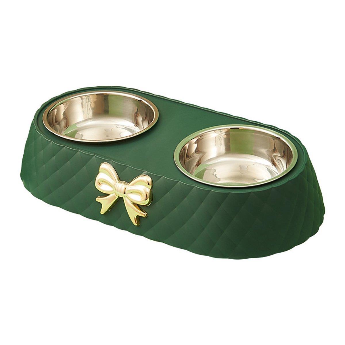 Cutlery: Stainless Steel Double Pet Bowl Non-Slip Anti-Knock Dog Cat Feeder Utensils - Green