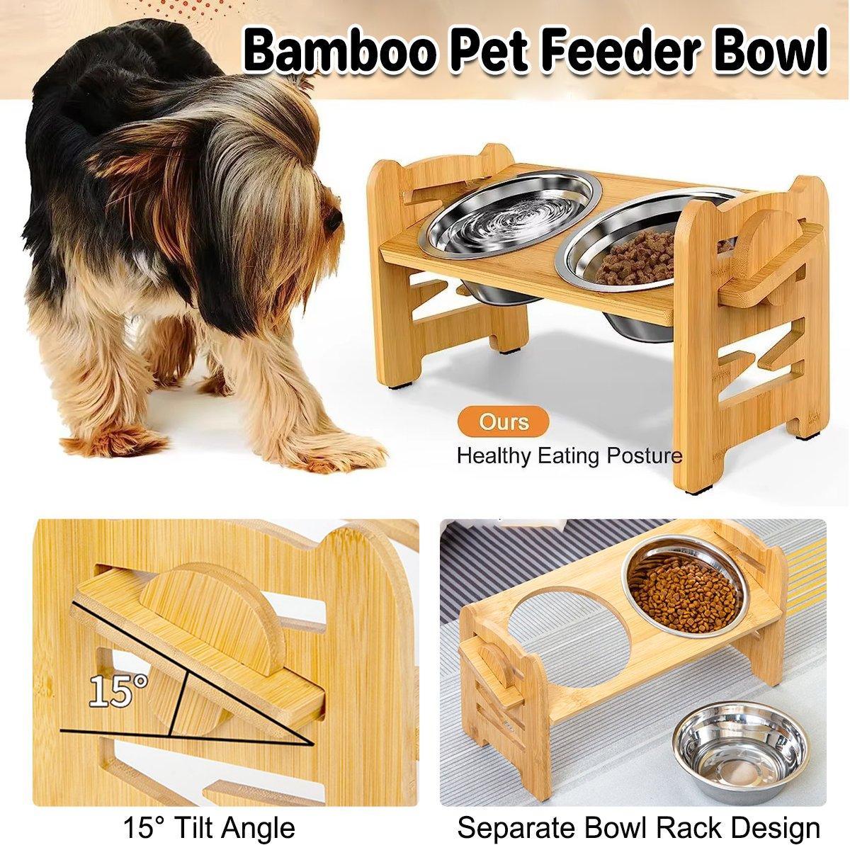 Dog Bowls, Feeders & Waterers: Wood Adjustable Elevated Raised Pet Dog Feeder Stainless Steel Bowl Water Stand