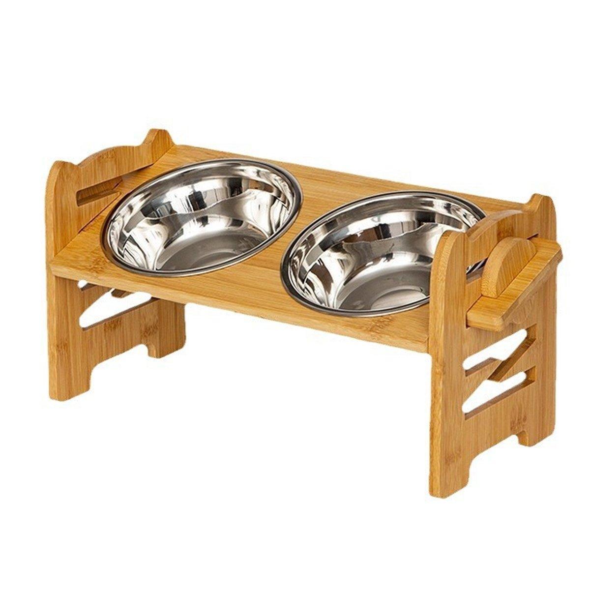 Dog Bowls, Feeders & Waterers: Wood Adjustable Elevated Raised Pet Dog Feeder Stainless Steel Bowl Water Stand