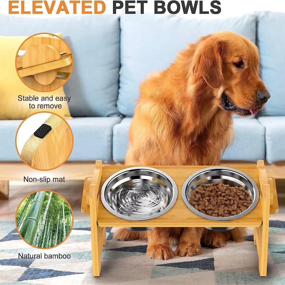 Dog Bowls, Feeders & Waterers: Wood Adjustable Elevated Raised Pet Dog Feeder Stainless Steel Bowl Water Stand