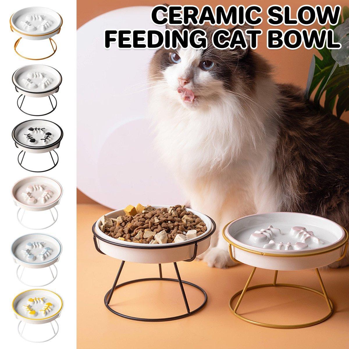 Cat Bowls, Feeders & Waterers: Ceramic Cat Bowl Slow Feeder Pet Food Tray for Cats and Dogs Non Slip Design - Yellow Bowl-White Tray Rack