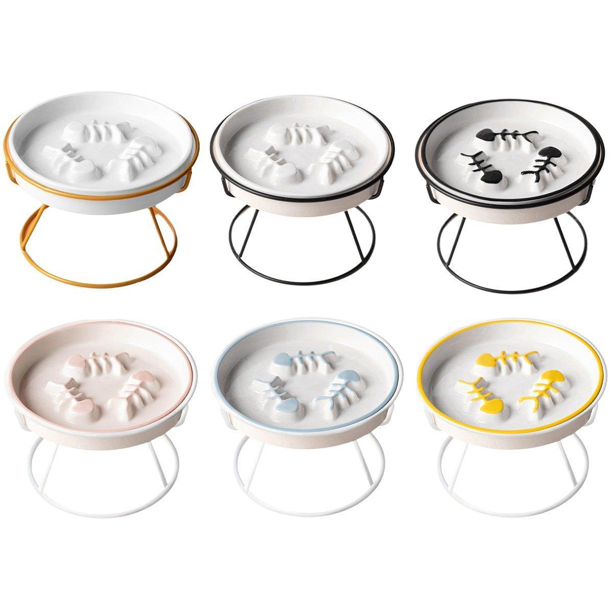 Cat Bowls, Feeders & Waterers: Ceramic Cat Bowl Slow Feeder Pet Food Tray for Cats and Dogs Non Slip Design - Yellow Bowl-White Tray Rack