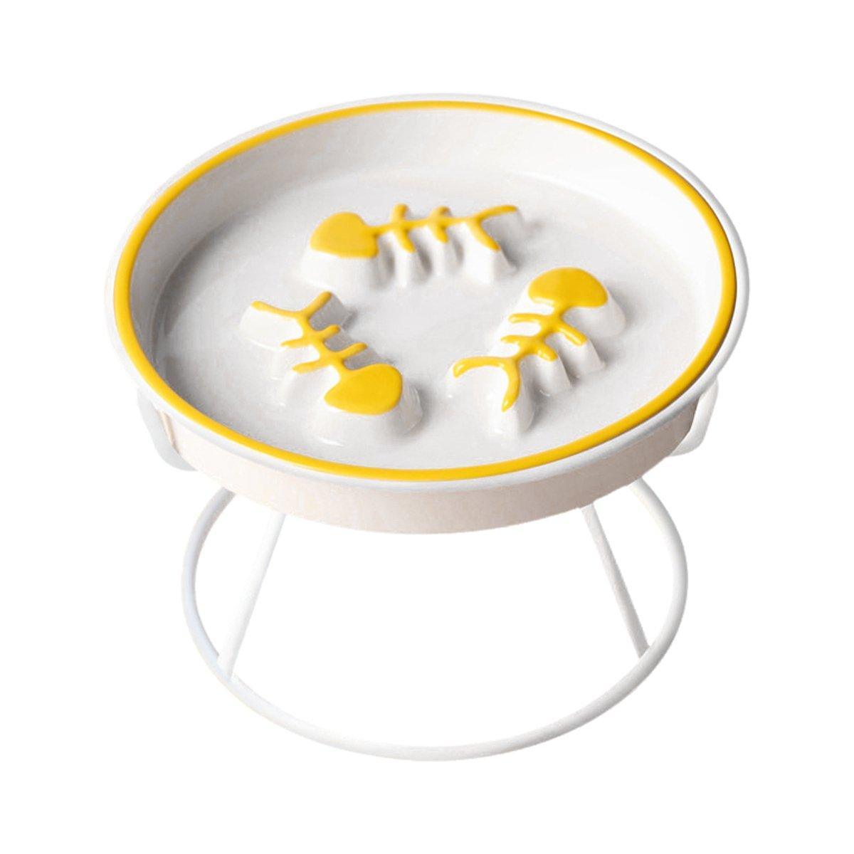 Cat Bowls, Feeders & Waterers: Ceramic Cat Bowl Slow Feeder Pet Food Tray for Cats and Dogs Non Slip Design - Yellow Bowl-White Tray Rack