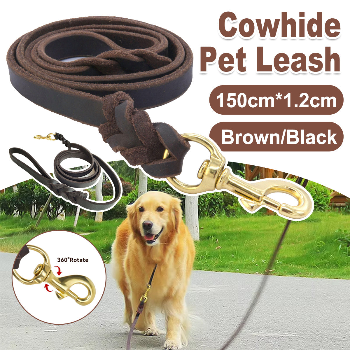 Dog Collars, Leads & Harnesses: Dog Leash Cowhide Lead Heavy Duty Leather M Size Brown For Walking Training - Black