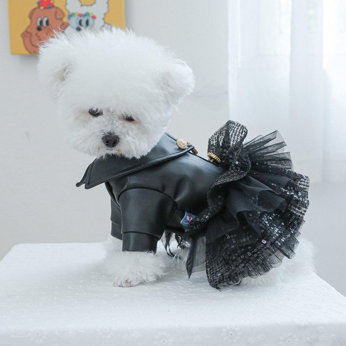 Autumn Winter Pet Dog Cat Dress Faux Leather Sequin Skirt Outfit for Small Dogs - M