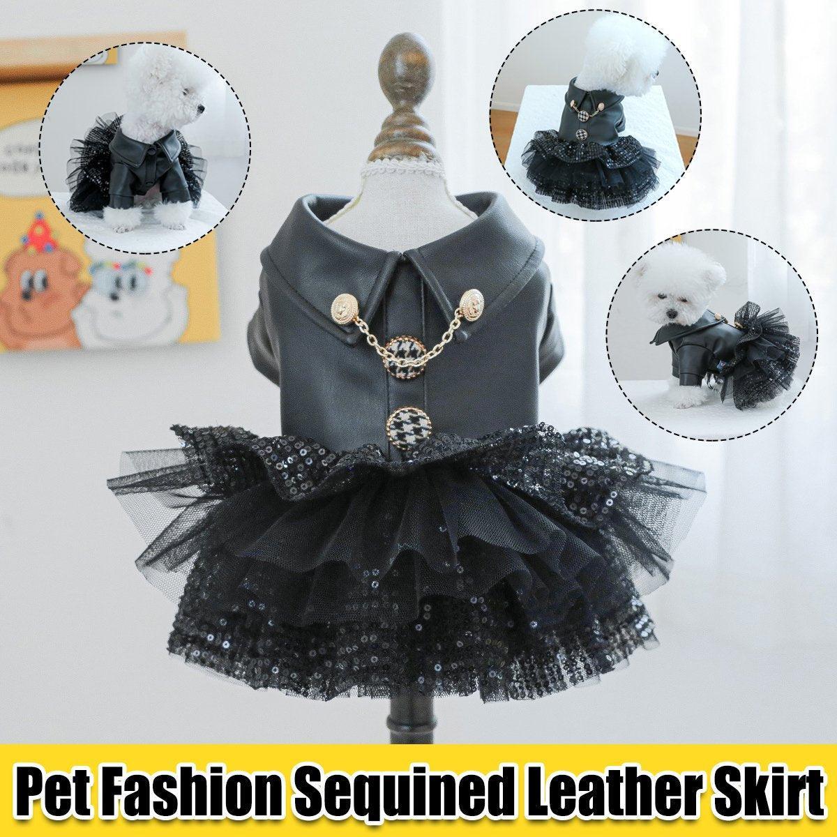 Dog Apparel: Pet Dog Cat Clothes Autumn Winter Fashion Sequin Small Leather Skirt Outfit - XS