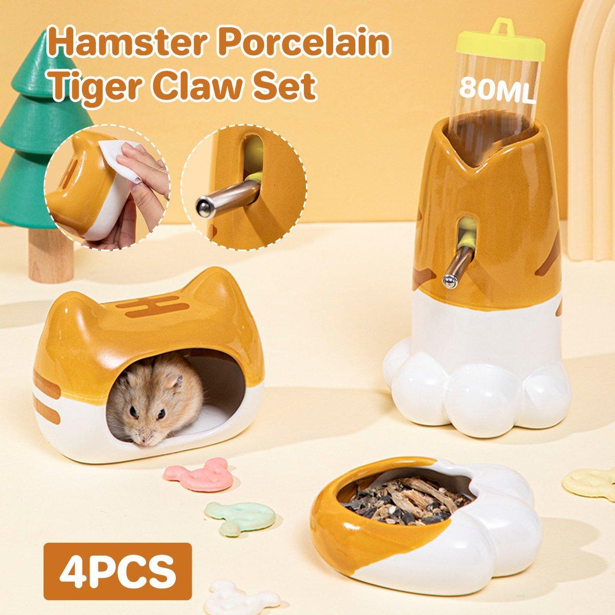 Small Animal Habitats & Cages: Hamster Porcelain Nest Escape House Tiger Head Bowl Claw Water Bottle Set