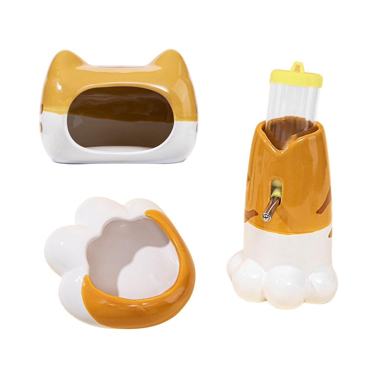 Small Animal Habitats & Cages: Hamster Porcelain Nest Escape House Tiger Head Bowl Claw Water Bottle Set