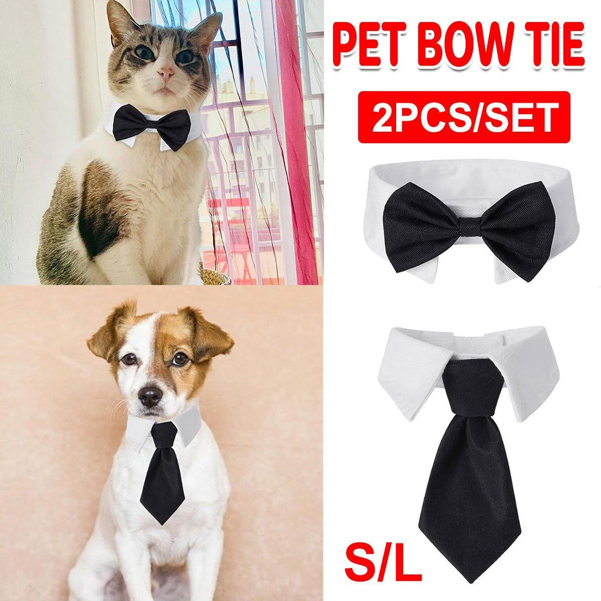 Dog Collars, Leads & Harnesses: 2pcs Pet Bow Tie Collar Dog Cat Suit Dress Accessories Adjustable Neck Strap - S