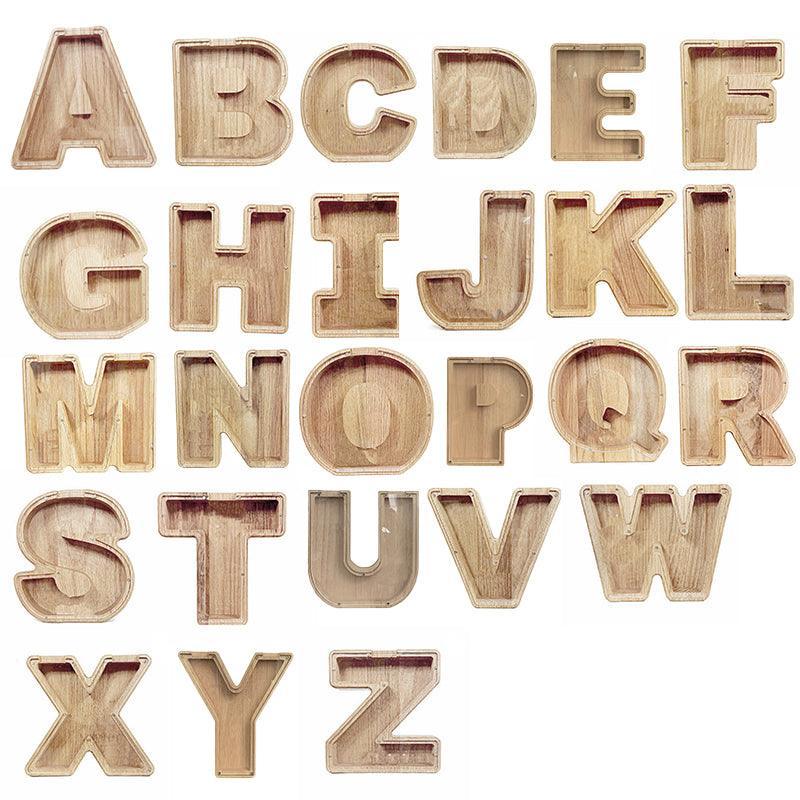 Storage Boxes: Wooden Piggy Bank Funny Letter or Guitar Coin Saving Money Box AZ Gift Idea - C