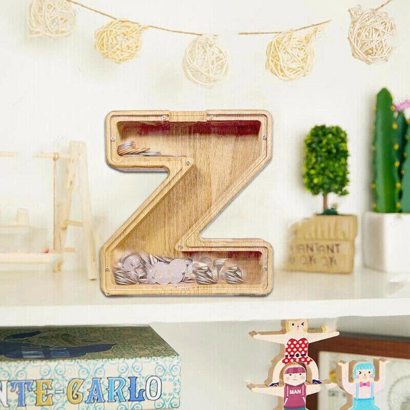 Storage Boxes: Wooden Piggy Bank Funny Letter or Guitar Coin Saving Money Box AZ Gift Idea - D