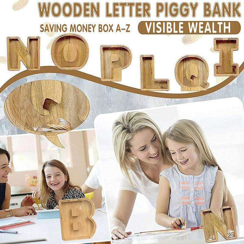 Storage Boxes: Wooden Piggy Bank Funny Letter or Guitar Coin Saving Money Box AZ Gift Idea - I