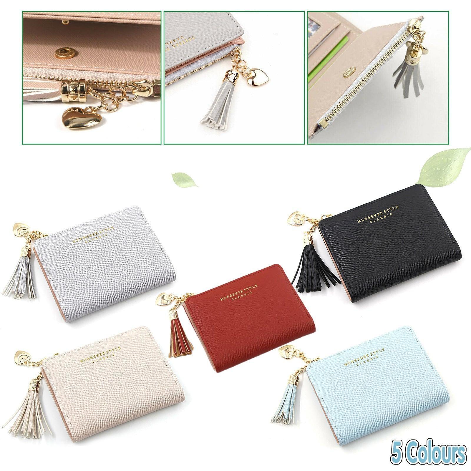 Automotive Decor: Ladies Short Wallet Small Leather Purse Folding Card Holder Coin Pocket Tassel Design - Red