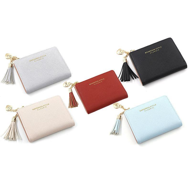 Automotive Decor: Ladies Short Wallet Small Leather Purse Folding Card Holder Coin Pocket Tassel Design - Red