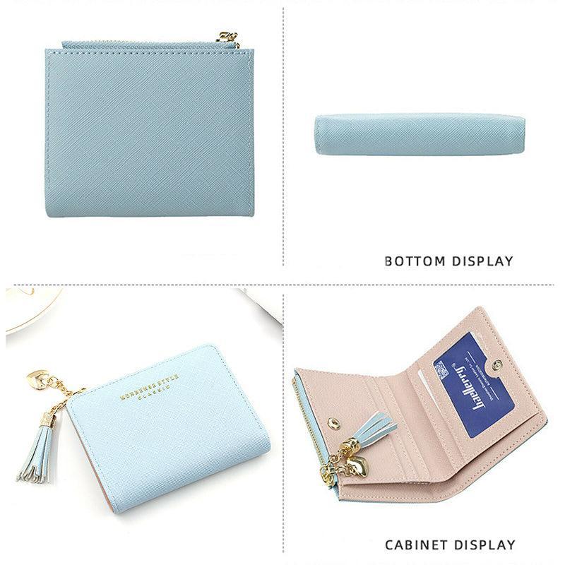 Automotive Decor: Ladies Short Wallet Small Leather Purse Folding Card Holder Coin Pocket Tassel Design - Red