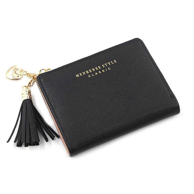 Automotive Decor: Ladies Short Wallet Small Leather Purse Folding Card Holder Coin Pocket Tassel Design - Red
