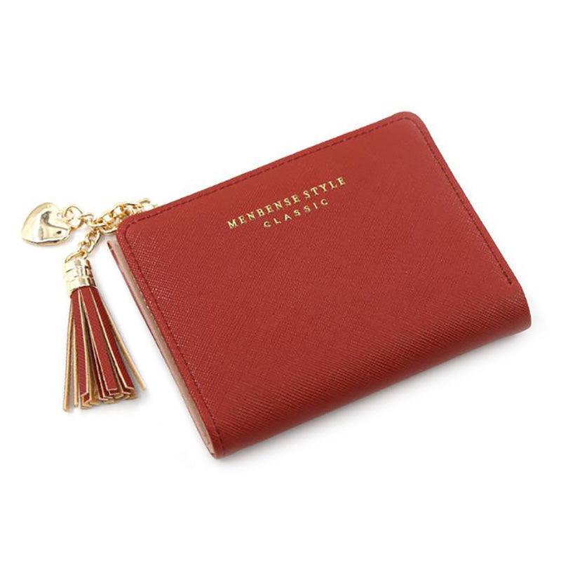 Automotive Decor: Ladies Short Wallet Small Leather Purse Folding Card Holder Coin Pocket Tassel Design - Red