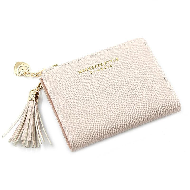 Automotive Decor: Ladies Short Wallet Small Leather Purse Folding Card Holder Coin Pocket Tassel Design - Red