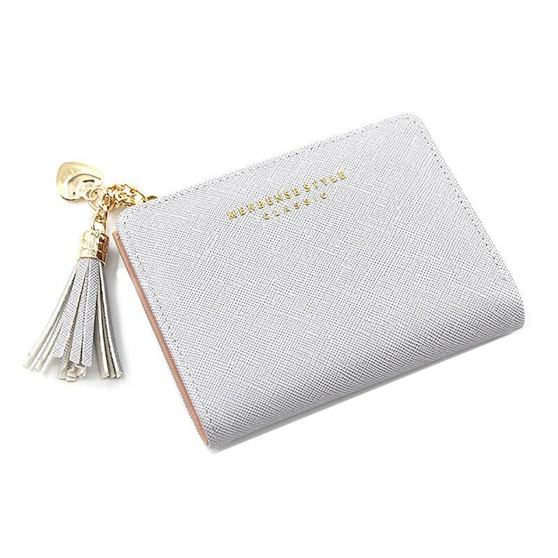 Automotive Decor: Ladies Short Wallet Small Leather Purse Folding Card Holder Coin Pocket Tassel Design - Red