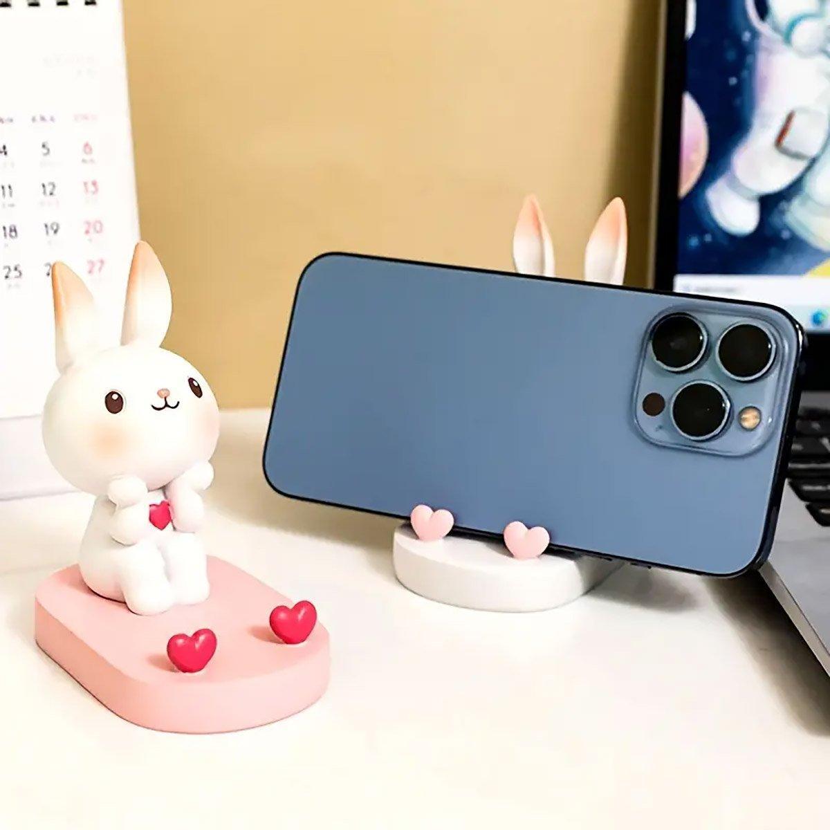 Laptop Stands: Cartoon Rabbit Phone Holder Desktop Stand Cute Mobile Phone Stand for Office - Pink