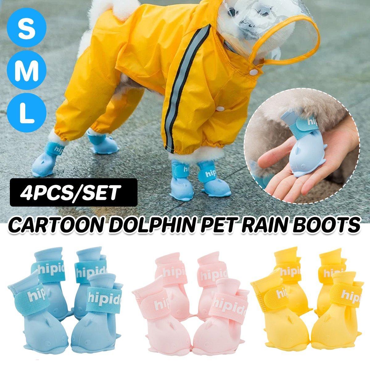 Dog Apparel: 4pcs Cartoon Pet Rain Boots Waterproof Non-Slip Wear-Resistant Shoes for Dogs - Yellow - L