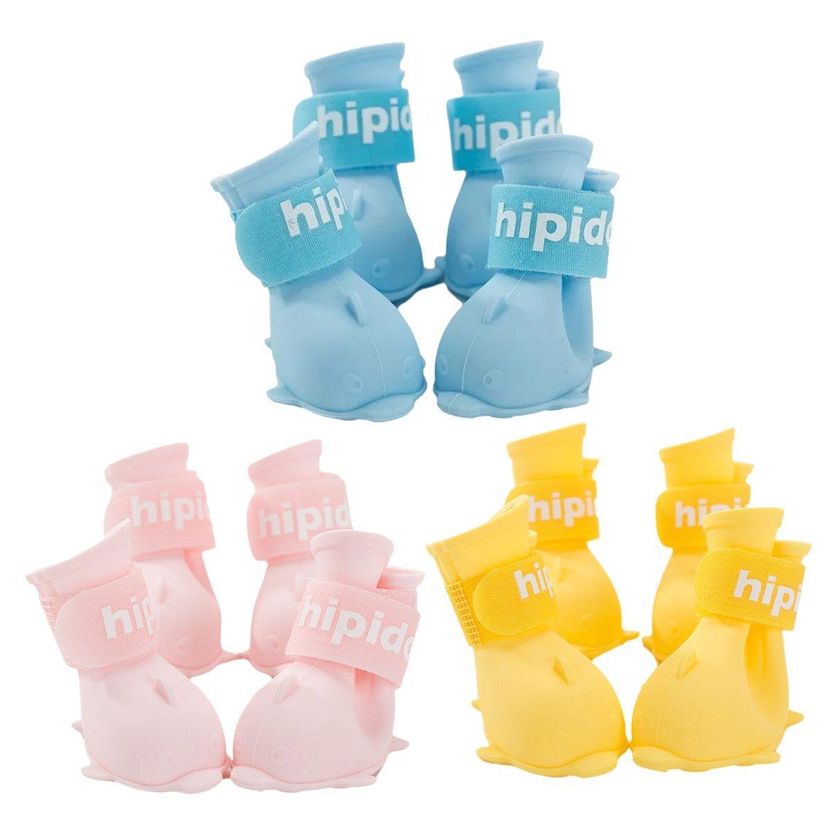 Dog Apparel: 4pcs Cartoon Pet Rain Boots Waterproof Non-Slip Wear-Resistant Shoes for Dogs - Yellow - L