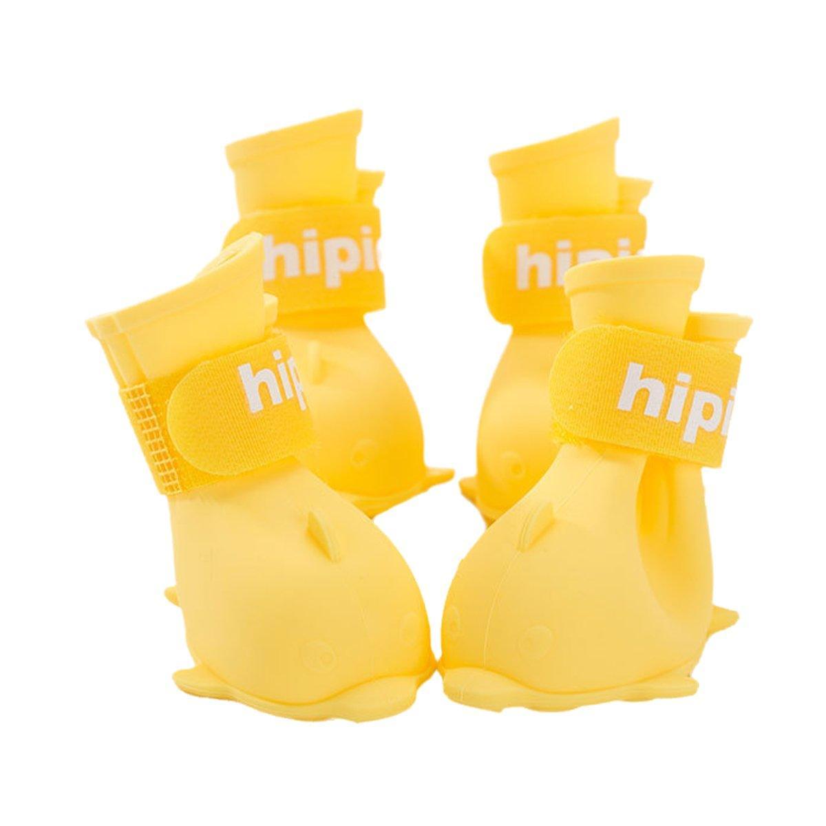 Dog Apparel: 4pcs Cartoon Pet Rain Boots Waterproof Non-Slip Wear-Resistant Shoes for Dogs - Yellow - M