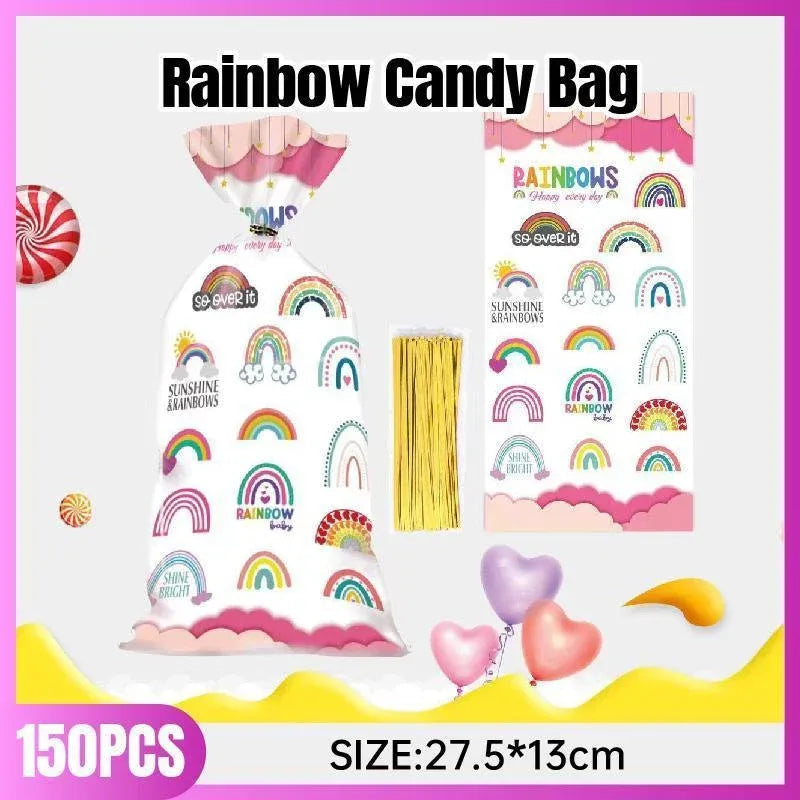Rainbow Party Candy Bags 150 Pack with Gold Twist Ties 27.5 x 13 cm
