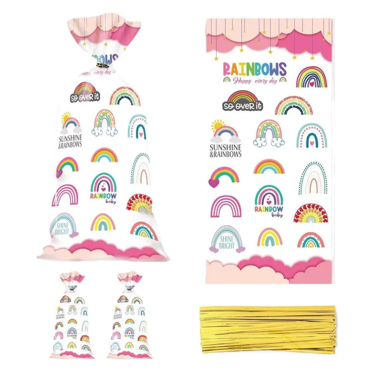 Rainbow Party Candy Bags 150 Pack with Gold Twist Ties 27.5 x 13 cm