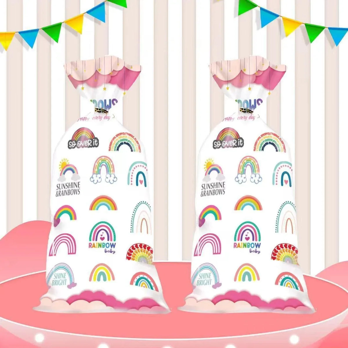 Rainbow Party Candy Bags 150 Pack with Gold Twist Ties 27.5 x 13 cm